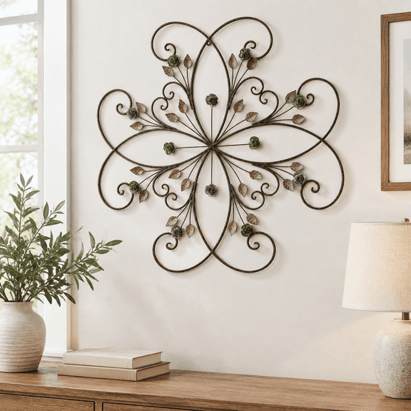 25" Metal Flower Scroll Wall Sculpture with Rustic Leaf Accents