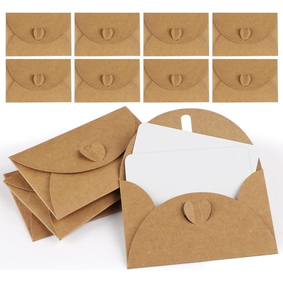 25 Mini Envelopes with Vintage Cards, Mini Kraft Paper Envelopes, Blank Cards, Small Envelopes with Heart Closure