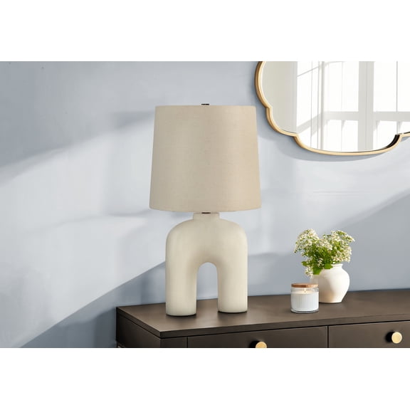 25" Modern Table Lamp with Beige Linen Shade - Cream Resin Arch Base, 3-Way Switch for Bedroom, Living Room & Office