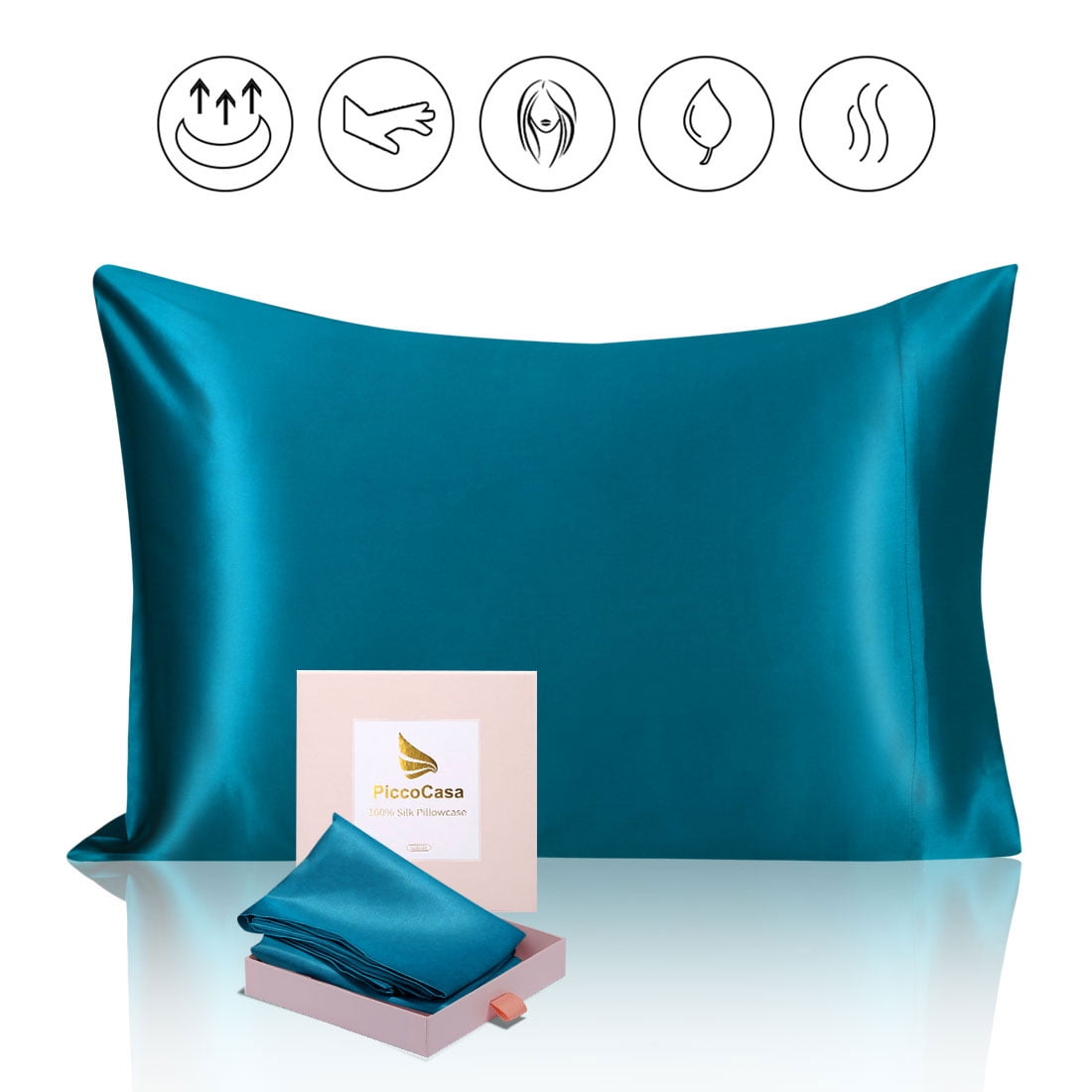 PiccoCasa 25 Momme Silk Pillowcase for Hair And Skin With Gift Box With Envelope Closure King Peacock Blue