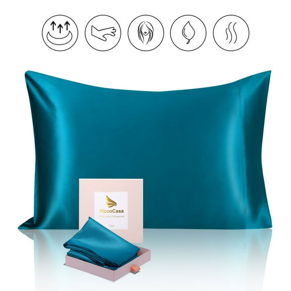 PiccoCasa 25 Momme Silk Pillowcase for Hair And Skin With Gift Box With Envelope Closure King Peacock Blue