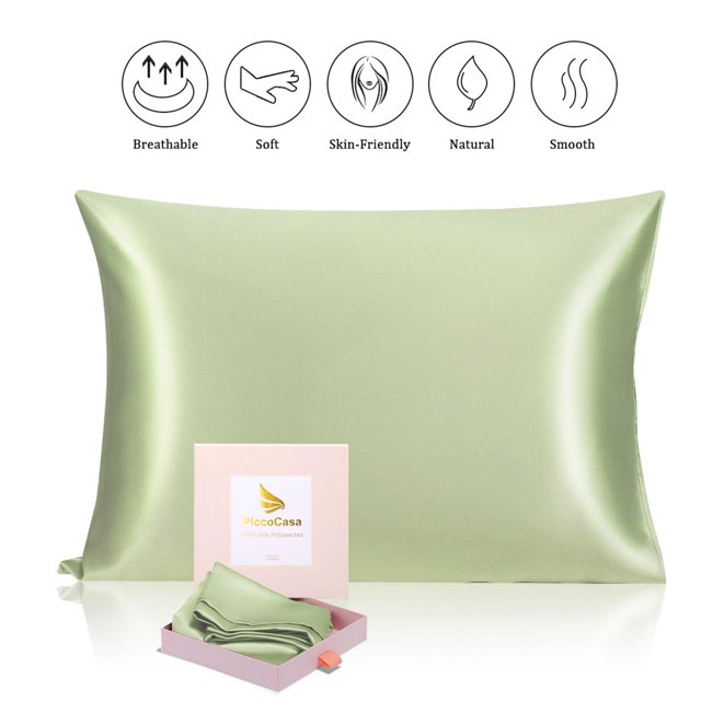 PiccoCasa 25 Momme Silk Pillowcase for Hair And Skin With Gift Box With Envelope Closure Queen Olive Green