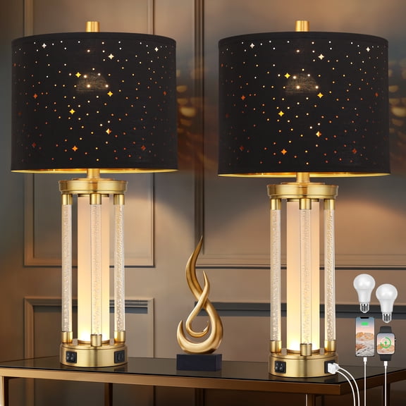 25" Morden Table Lamps Set of 2 with USB A+C Ports and Night Light, Unique Star Hallow Black Shade Lamp for Bedroom,Living Room (Bulb Included)