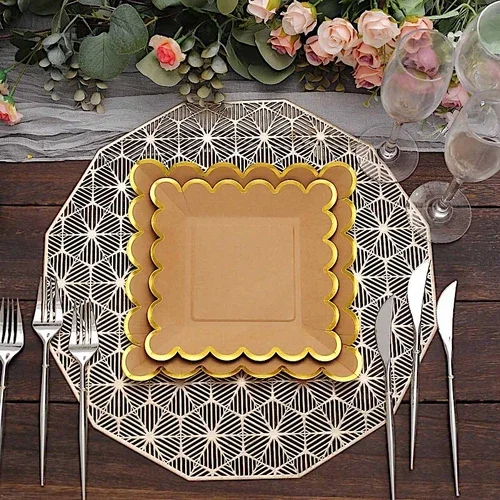 25 Natural 7" Square Disposable Salad Paper Plates Gold Scalloped Trim Party