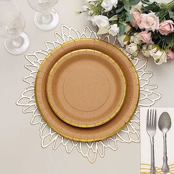 25 Natural 8" Round Disposable Dinner Salad Paper Plates Gold Lined Trim Party