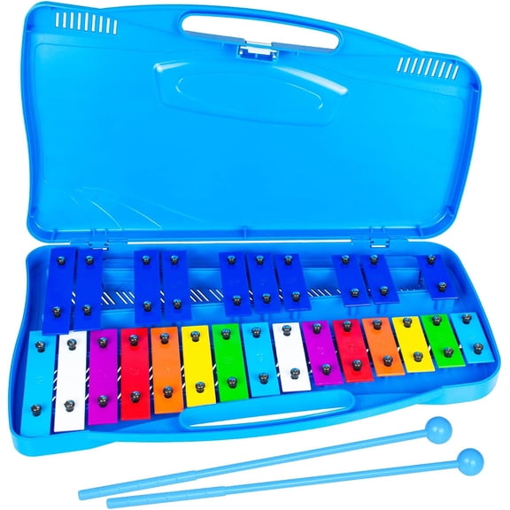 25 Note Glockenspiel Xylophone - Color-Coded Metal Keys with Mallets, Percussion Instrument for Beginners & Music Learning, Blue