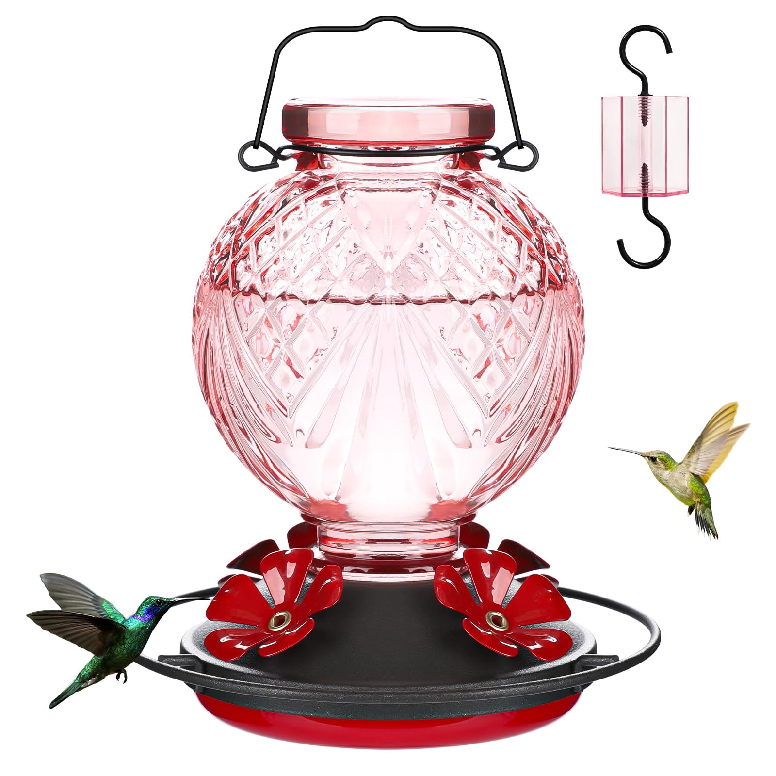 25 OZ Glass Hummingbird Feeder for Outdoors Hanging, Humming Bird Nectar Feeder with Ant Moat, 4 Bee-Proof Feeding Ports, 360° Perch, Leak-Proof, Gifts for Women Mom, Red