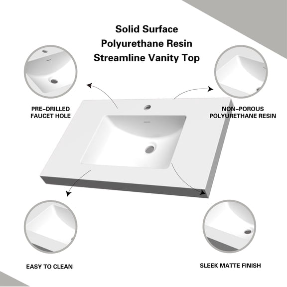 25" One-Piece Integrated Vanity Top & Sink  Matte White Solid Resin, Single Faucet Hole, For Floating Vanities