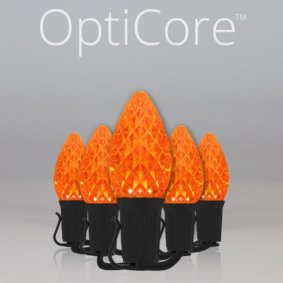 25 OptiCore C7 Orange Halloween LED Bulb String Lights with Shatterproof Bulbs Indoor Outdoor String Lights, 12" Spacing, 25ft, Black Wire