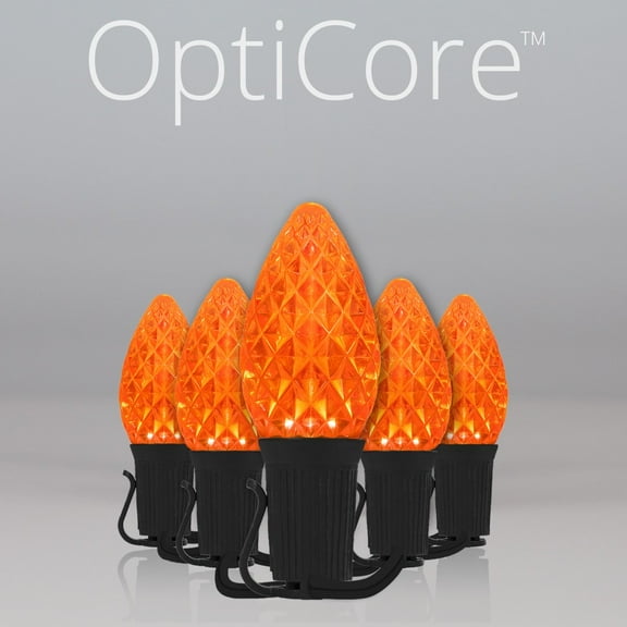 25 OptiCore C7 Orange Halloween LED Bulb String Lights with Shatterproof Bulbs Indoor Outdoor String Lights, 12" Spacing, 25ft, Black Wire