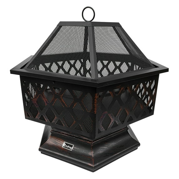 25" Outdoor Fire Pit Grill, BBQ Hexagon Firepit Table, Multifunctional Fire Pit, Heater, Patio Backyard Garden Bonfire Pit, Fire Pit Bowl with Spark Screen Cover, Poker, JA2423