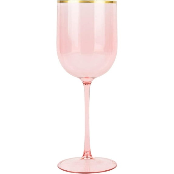 (25 PACK) EcoQuality Translucent Plastic Pink Wine Glasses with Gold Rim - 12 oz Wine Cups with Stem, Disposable Shatterproof Wine Goblets, Reusable, Elegant Drink Cup Tumblers Weddings, Party
