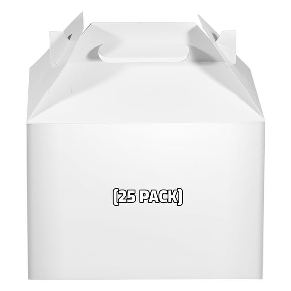 [25 PACK] White Treat Gift Boxes - Paper Gable Boxes, Paper Lunch Boxes with Handle, Barn Boxes - Birthday's, Weddings, Baby Shower Favor Box, Restaurant to go Box 9 x 5 x 6.75 inches