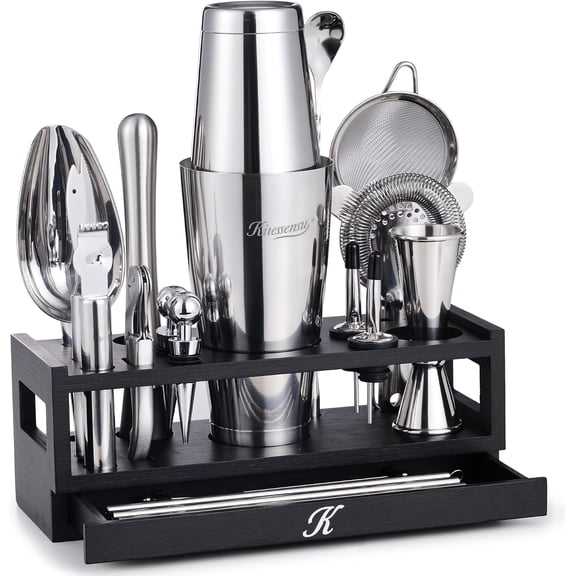 25-PC Professional Boston Shaker Set Bartender Kit, Mixology & Cocktail Bar Set with Bamboo Drawer Stand, 18oz & 28oz Ultimate Martini Shaker Gift for Home Bar