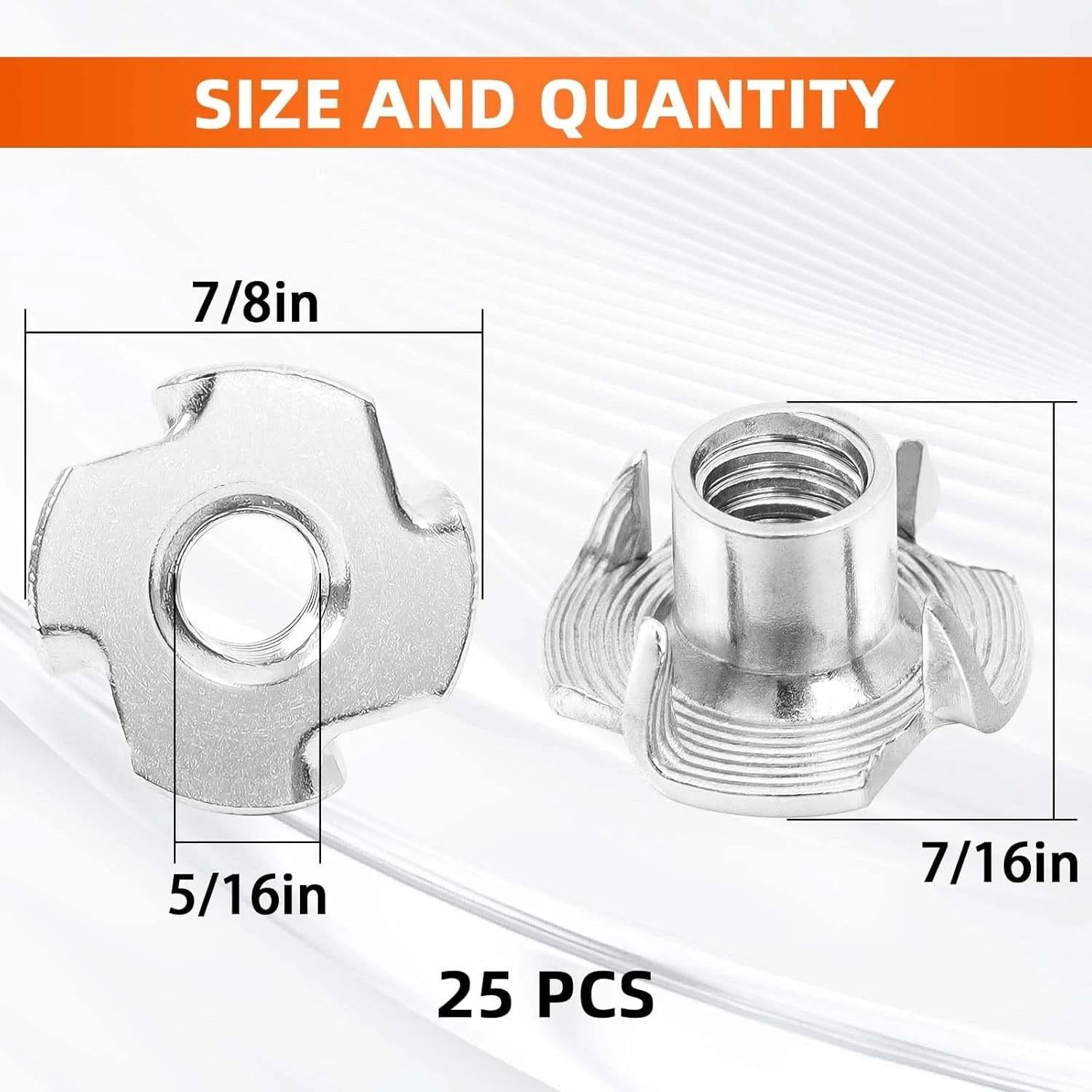25 PCS 5/16"-18 T-Nut 304 Stainless Steel Threaded Insert 4-Pronged Tee Nut