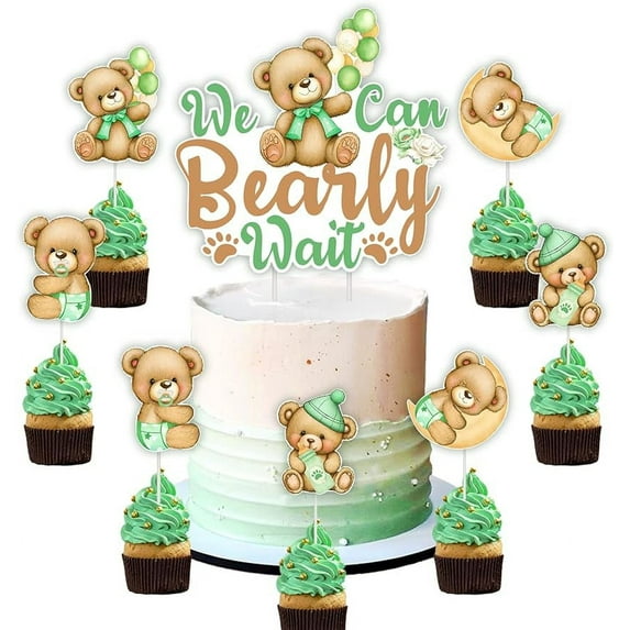 25 PCS Bear Baby Shower Cake Decorations Sage Green - We Can Bearly Wait Cake Topper & Cupcake Toppers Double Sided Printing, Greenery Bear Baby Shower Decor for Pregnancy Celebration Newborn Party