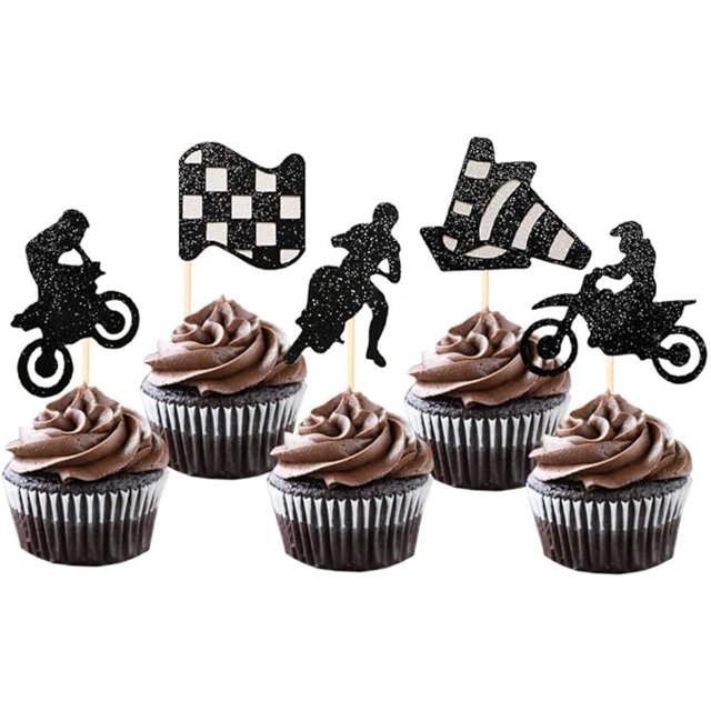 25 PCS Black Glitter Motorcycle Cupcake Toppers Picks for Dirt Bike