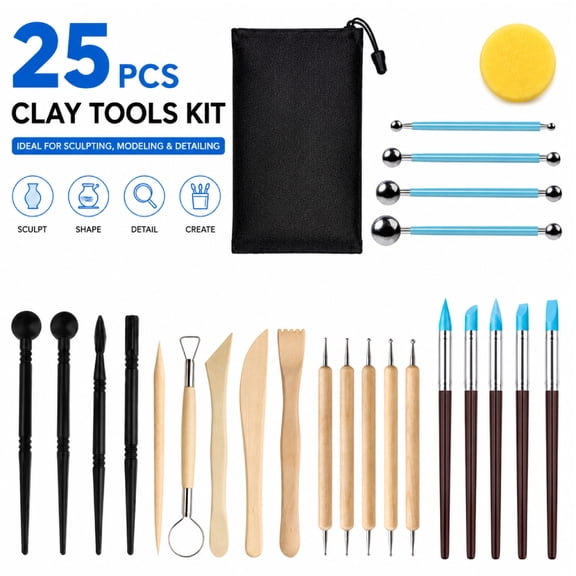 25 PCS Ceramics Polymer Clay Sculpting Modeling Pottery Tools Kit, Air Dry Clay for Adults, Pottery Craft, Dotting, Baking, Carving, Drawing, Molding, Modeling, Shaping