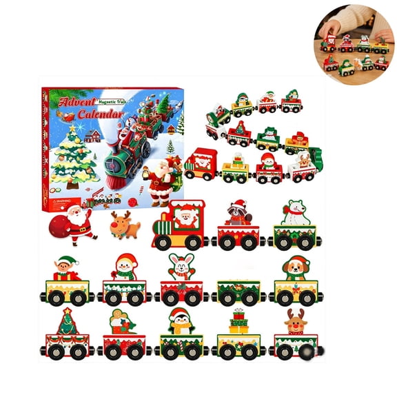 25 PCS Christmas Magnetic Train Advent Calendar Blind Box, 3D Wooden Puzzle Decoration