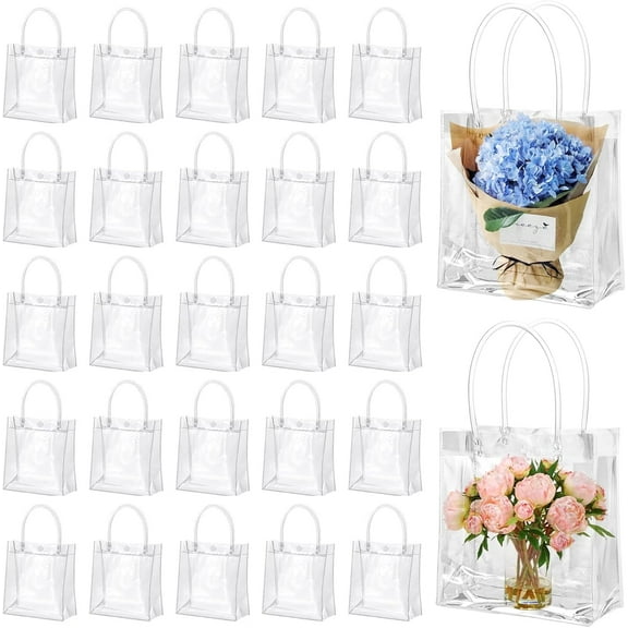 25 Pcs Clear Gift Bags with Handles, Transparent Reusable Tote Bags for Mother's Day, Boutique, Wedding, Birthday, Baby Shower Party