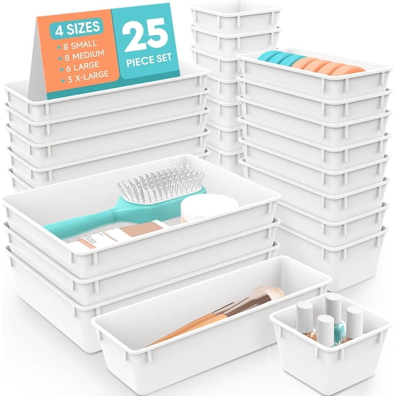 25 PCS Clear Plastic Drawer Organizer Set, 4 Sizes Desk Drawer Divider Organizers and Storage Bins for Makeup, Jewelry, Gadgets for Kitchen, Bedroom, Bathroom, Office