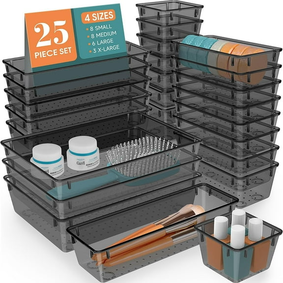 25 PCS Clear Plastic Drawer Organizer Set, 4 Sizes Desk Drawer Divider Organizers and Storage Bins for Makeup, Jewelry, Gadgets for Kitchen, Bedroom, Bathroom, Office