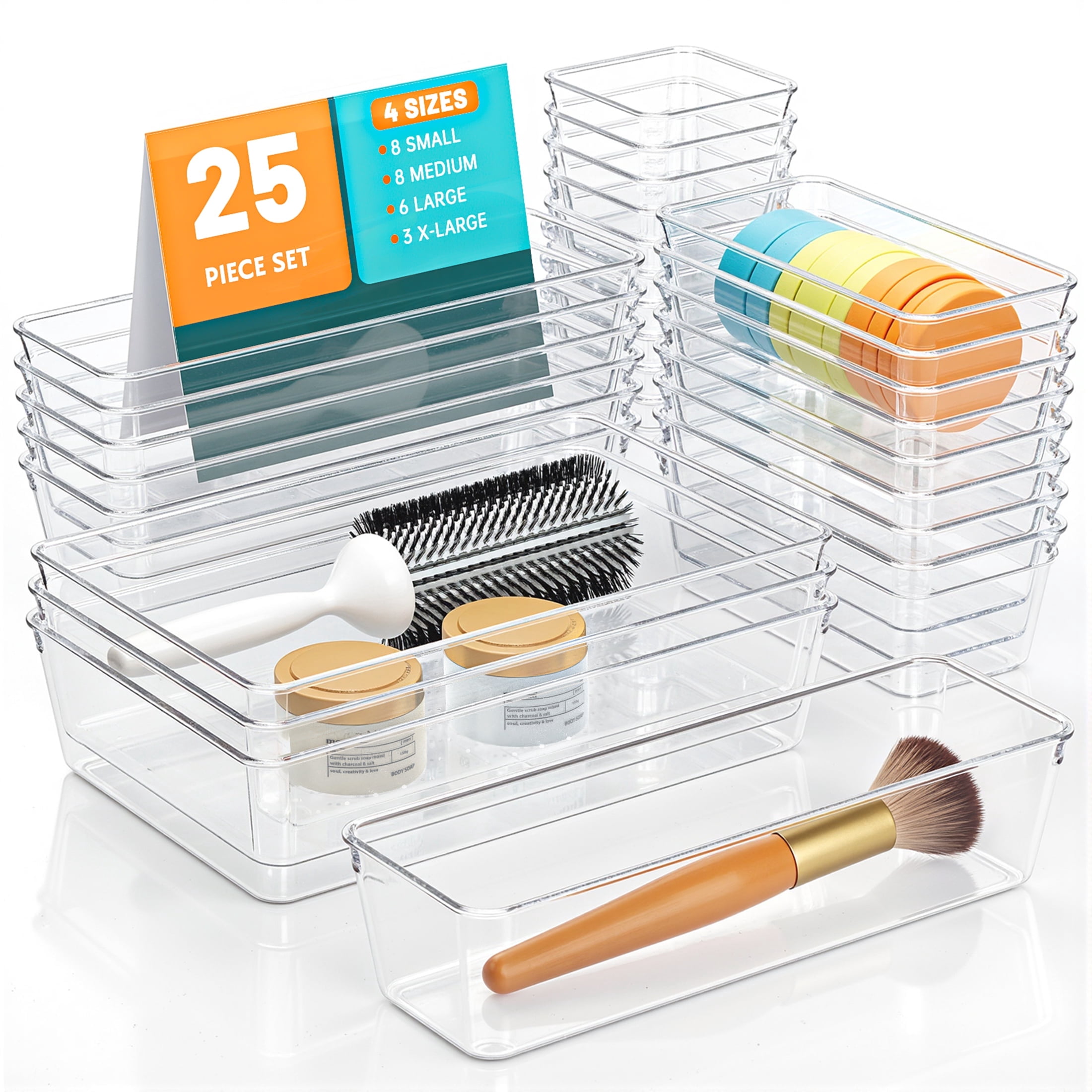 GPED 25 PCS Clear Plastic Drawer Organizer Set, 4 Sizes Desk Organizer , Bathroom Organizers and Storage Bins for Makeup