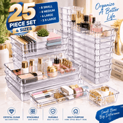 25 PCS Clear Plastic Drawer Organizer Set, 4 Sizes Stackable Desk Drawer Divider Organizers and Storage Bins for Makeup Jewelry Utensils Gadgets, Non-Slip Kitch