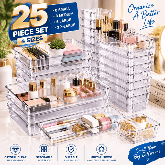 25 PCS Clear Plastic Drawer Organizer Set, 4 Sizes Stackable Desk Drawer Divider Organizers and Storage Bins for Makeup Jewelry Utensils Gadgets, Non-Slip Kitchen Bedroom Bathroom Office Vanity Trays