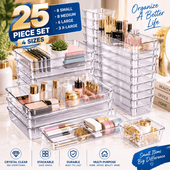 25 PCS Clear Plastic Drawer Organizer Set, 4 Sizes Stackable Desk Drawer Divider Organizers and Storage Bins for Makeup Jewelry Utensils Gadgets, Non-Slip Kitchen Bedroom Bathroom Office Vanity Trays