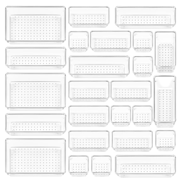 25 PCS Clear Plastic Drawer Organizers Set, 4-Size Versatile Bathroom and Vanity Drawer Organizer Trays, Storage Bins for Makeup, Bedroom, Kitchen Gadgets Utensils and Office