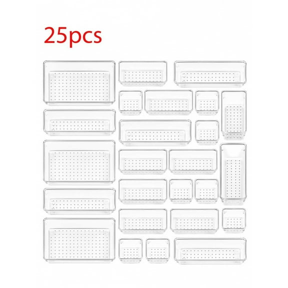 25 PCS Clear Plastic Drawer Organizers Set, 4-Size Versatile Bathroom and Vanity Drawer Organizer Trays, Storage Bins for Makeup, Bedroom, Kitchen Gadgets Utensils and Office