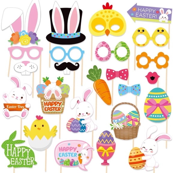 25 PCS Easter Photo Booth Props,25 Pcs Happy Easter Photo Props for Photoshoot, Egg Bunny Selfie Photobooth Props, Spring Photography for Easter Party Decorations, Little DIY