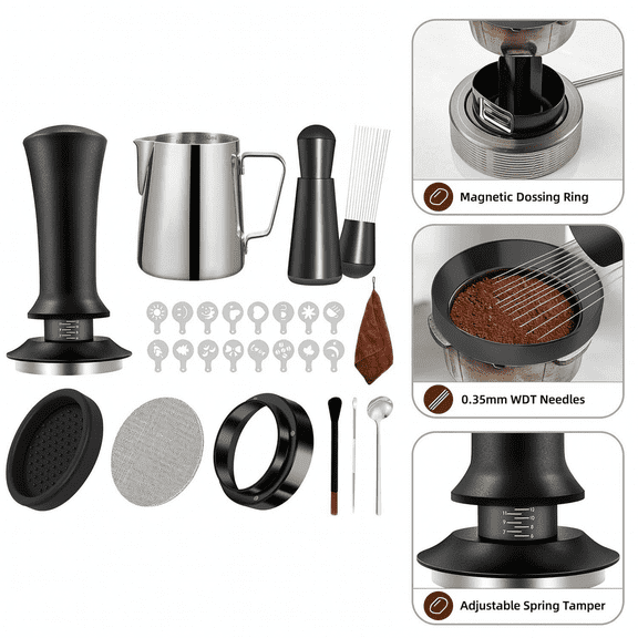 51mm Espresso Accessories Kit - 25pcs Coffee Tamper Set with WDT Tool, Spring Loaded Calibrated Tamper, Milk Frothing Pitcher, Magnetic Dosing Funnel & Puck Screen for Home Barista