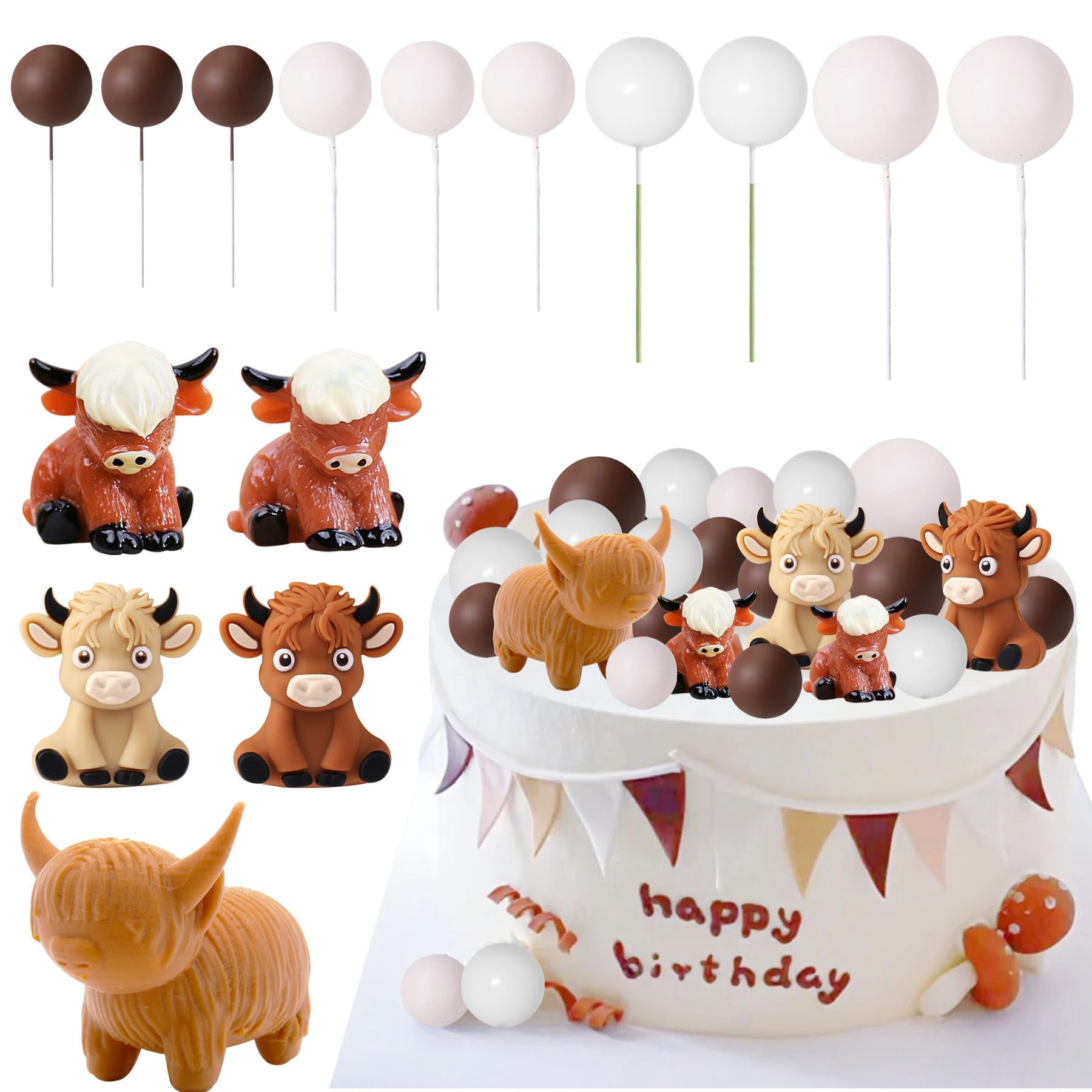 26 Pcs Highland Cow Cake Decorations Set - 3D Cake Toppers, Foam Balls, & Happy Birthday Sign