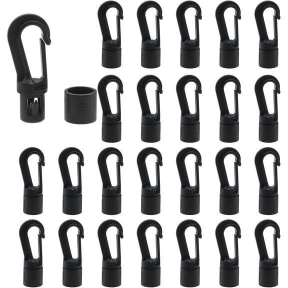 25 PCS Kayak Bungee Shock Cord Hooks Black Plastic Snap Hooks 1/4 Inch Cord Rope Terminal Ends