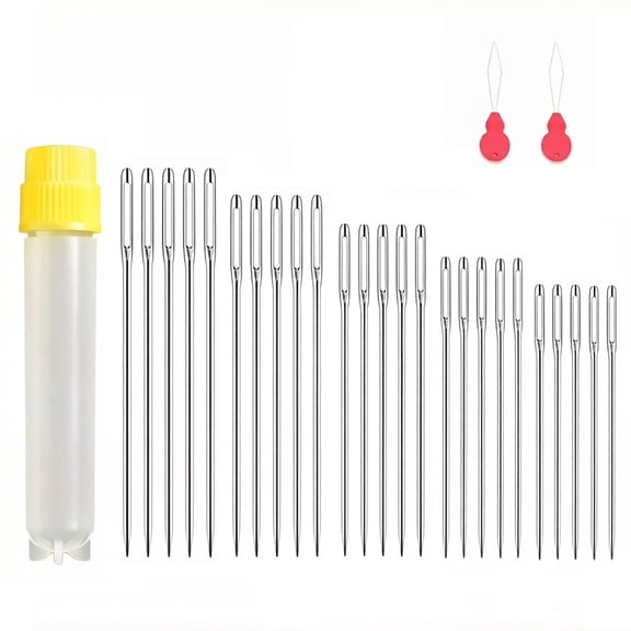 25 PCS Large Eye Sewing Needles, Hand Sewing Sharp Needles Big Eye with Needle Threaders, Stainless Steel Embroidery Needles Assorted Sizes