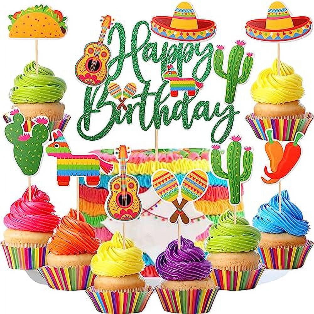25 PCS Mexican Fiesta Cupcake Toppers Mexican Fiesta Happy Birthday