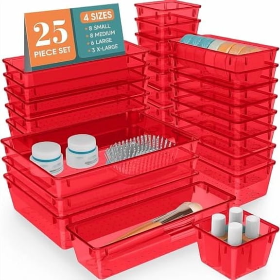 25 PCS Plastic Drawer Organizer Set, 4 Sizes Desk Drawer Divider Organizers and Storage Bins for Makeup, Jewelry, Gadgets for Kitchen, Bedroom, Bathroom, Office, Clear Red