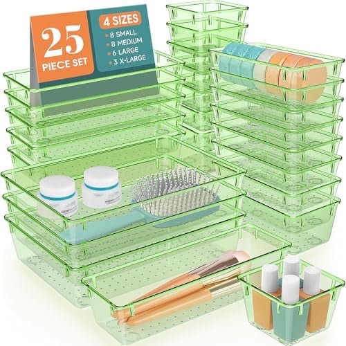 25 PCS Plastic Drawer Organizer Set, 4 Sizes Desk Drawer Divider Organizers and Storage Bins for Makeup, Jewelry, Gadgets for Kitchen, Bedroom, Bathroom, Office, Clear Green
