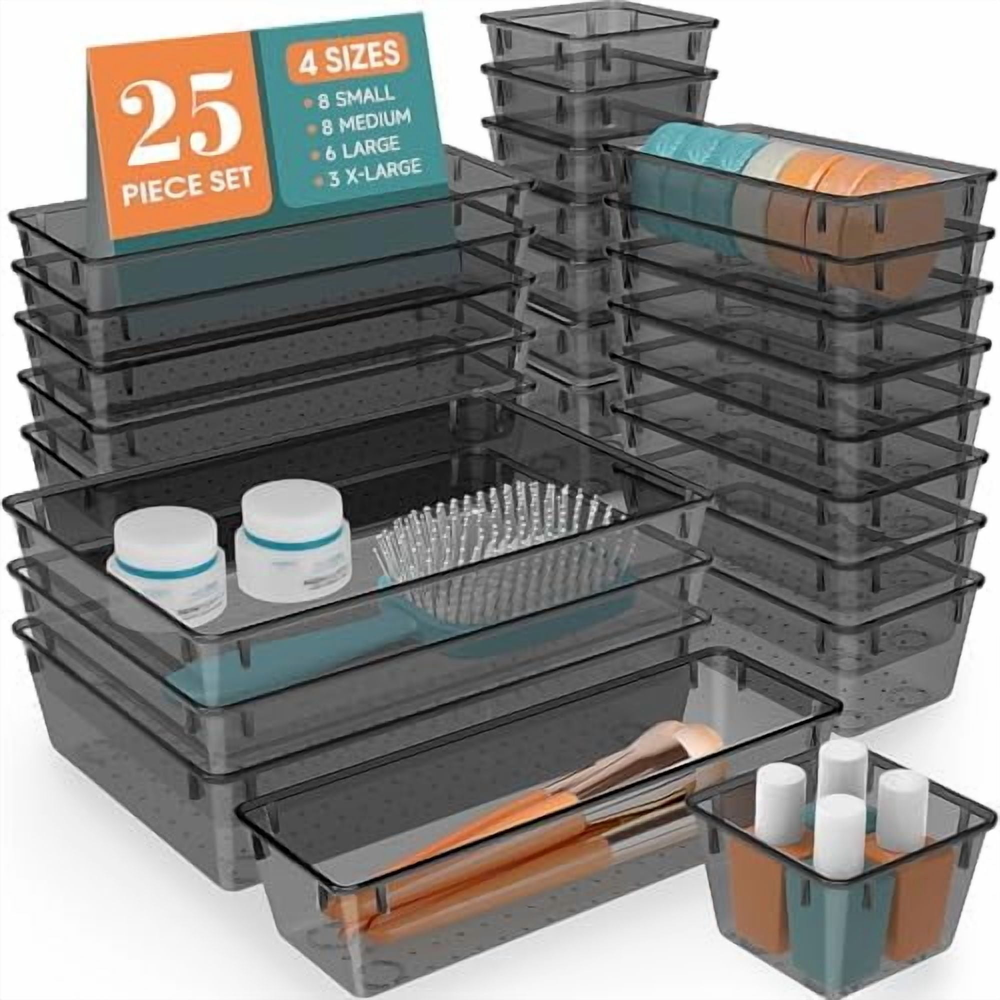 Partision Desk 25 PCS Plastic Drawer Organizer Set, Desk Drawer Divider Organizers and ...