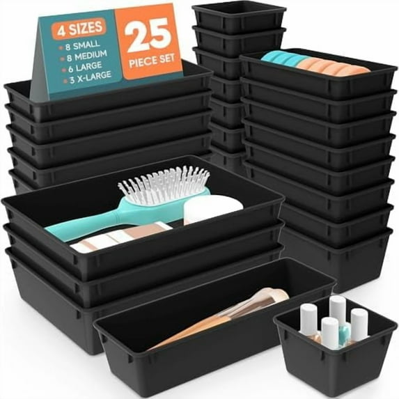 25 PCS Plastic Drawer Organizer Set, Desk Drawer Divider Organizers and Storage Bins for Makeup, Jewelry, Gadgets for Kitchen, Bedroom, Bathroom, Office, Deep Black
