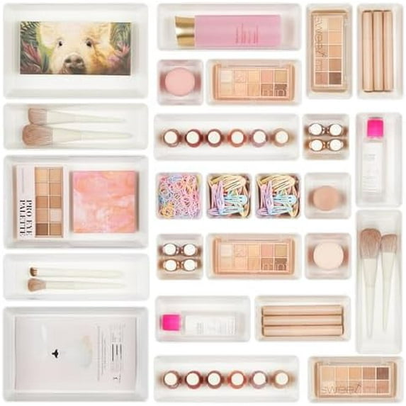 25 PCS Plastic Drawer Organizers Set, 4-Size Versatile Bathroom and Vanity Drawer Organizer Trays, Storage Bins for Makeup, Bedroom, Kitchen Gadgets Utensils and Office