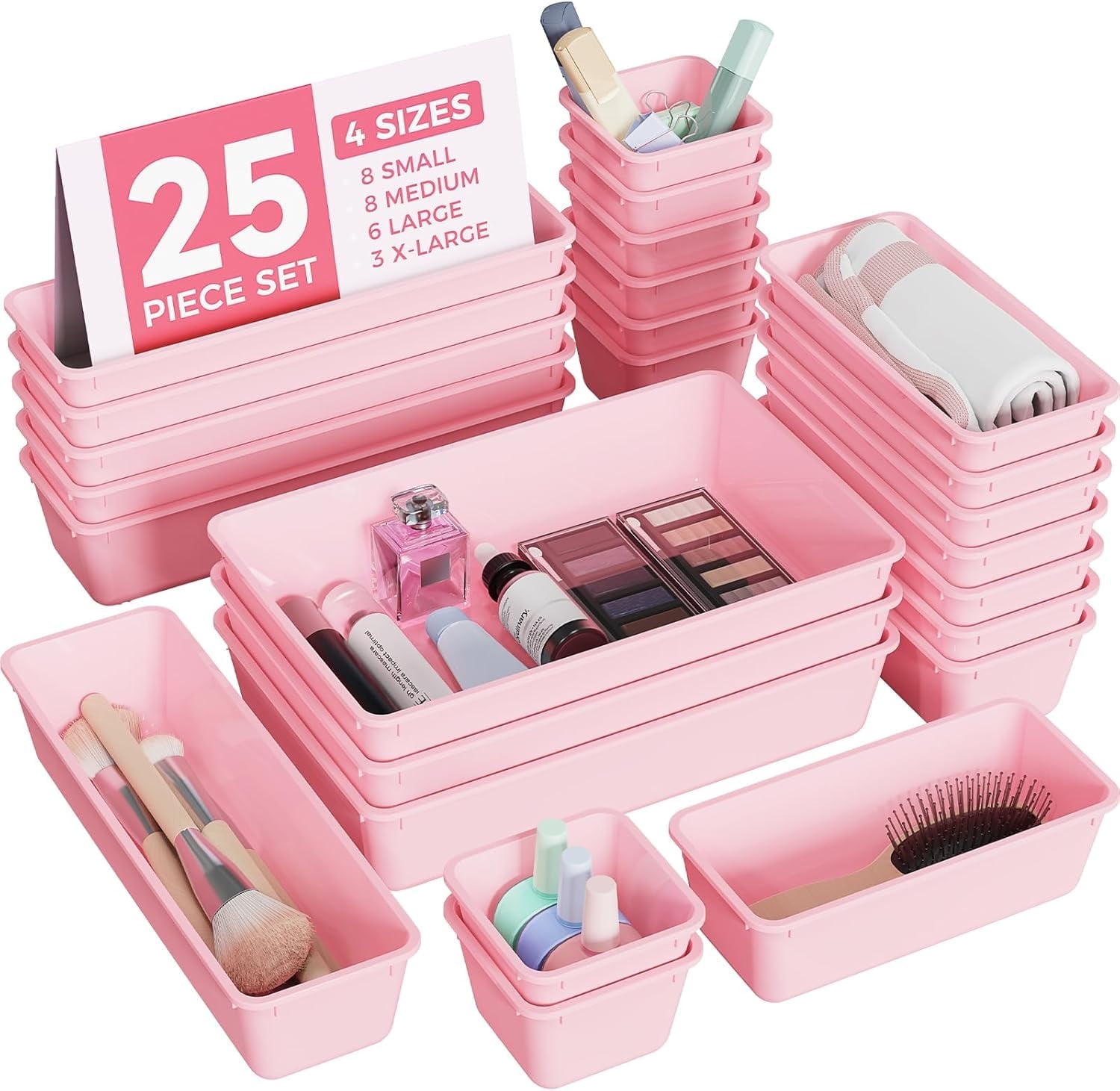 25 PCS Plastic Drawer Organizers Set, 4-Sizes Vanity and Makeup Organizer, Desk and Bathroom Drawer Organizer Trays, Organizers and Storage for Makeup, Jewelry, Gadgets, Utensils Home Storage