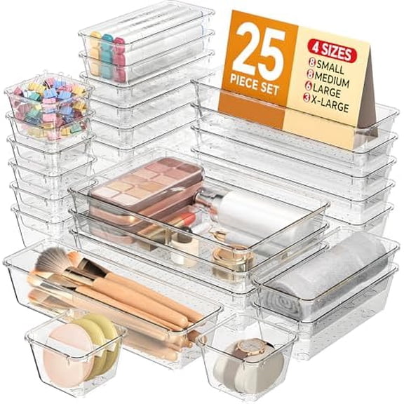 25 PCS Plastic Drawer Organizers Set, 4 Sizes Vanity Organizer, Makeup and Desk Drawer Organizer Trays, Organization and Storage for Makeup, Bathroom, Kitchen Utensils and Office (Clear)