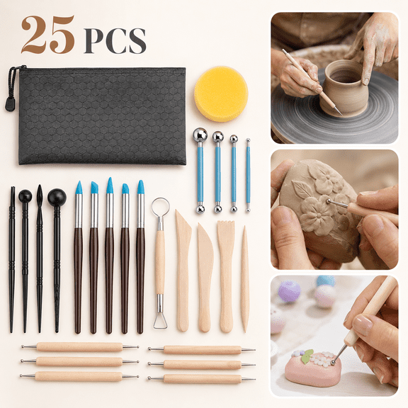 25 PCS Polymer Clay Tools,Clay Tools Kit, Ceramics Clay Sculpting Tools Kits, Air Dry Clay Tool Set for Adults, Pottery Craft, Baking, Carving, Drawing, Dotting, Molding, Modeling, Shaping