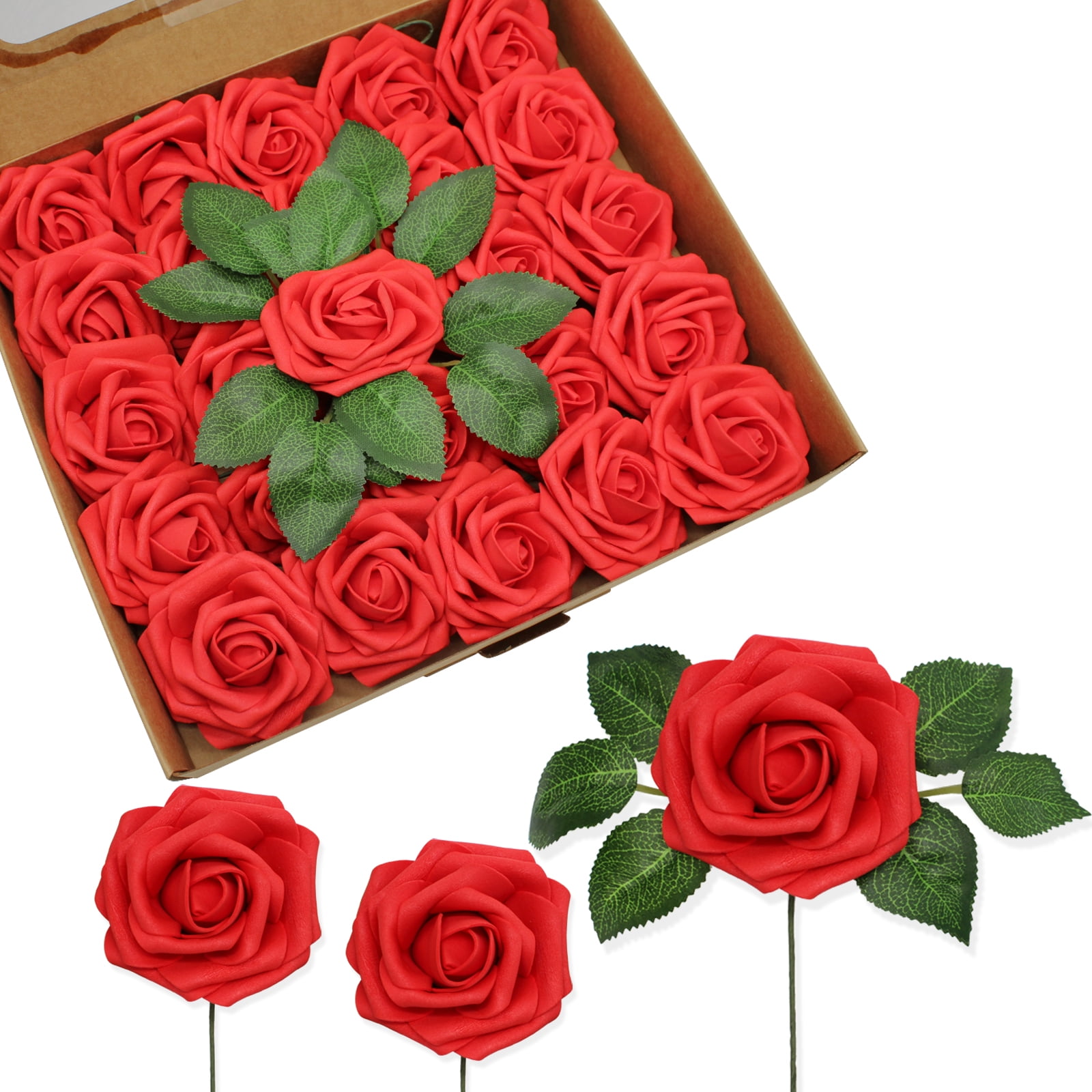 25 PCS Red Artificial Flowers Real Looking Faux Foam Fake Roses with ...