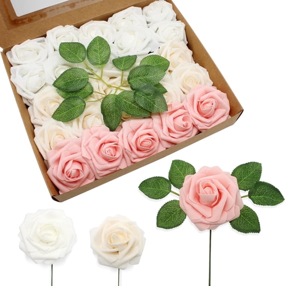 25 PCS Shades of Champagne Artificial Flowers Real Looking Faux Foam Fake Roses with Stems for Wedding Decoration Bridal Shower Centerpieces Arrangements Party Tables Decor