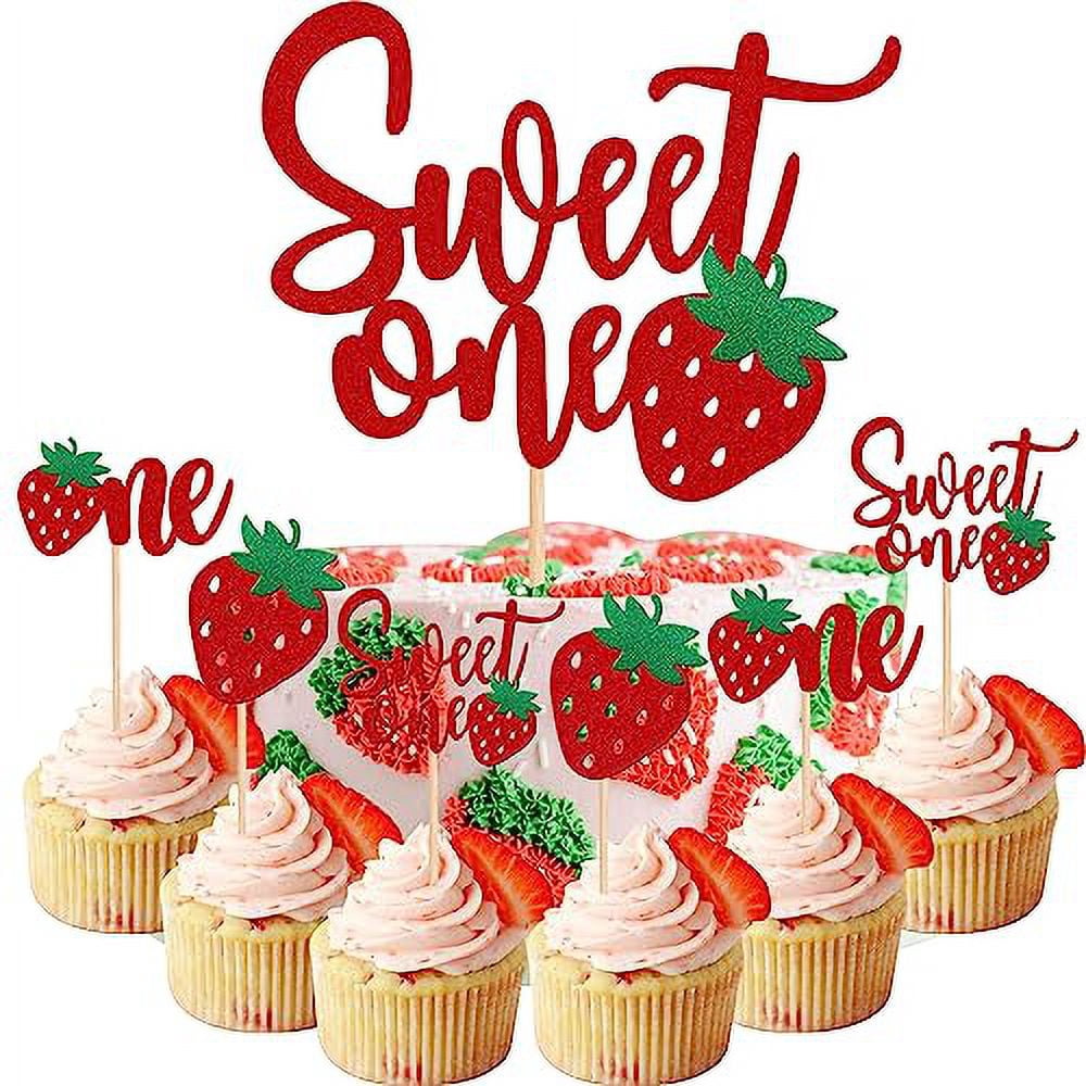 25 PCS Sweet One Strawberry Cupcake Toppers Glitter 1st Birthday Sweet ...