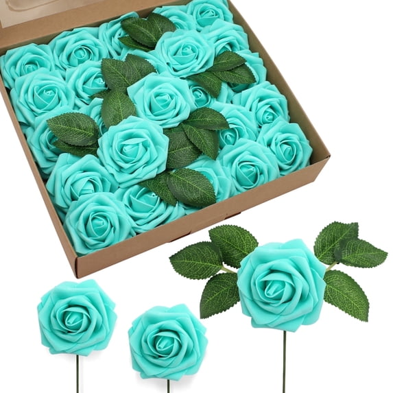 25 PCS Turquoise Artificial Flowers Real Looking Faux Foam Fake Roses with Stems for Wedding Decoration Bridal Shower Centerpieces Arrangements Party Tables Decor